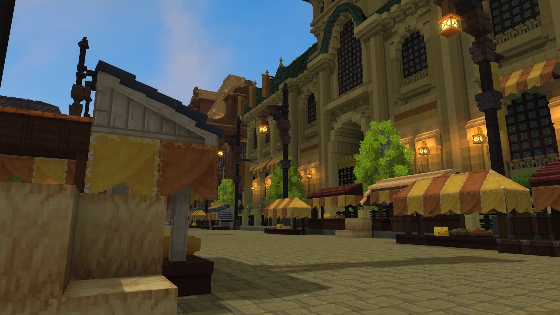 Mercado medieval com tendas e predios de pedra
