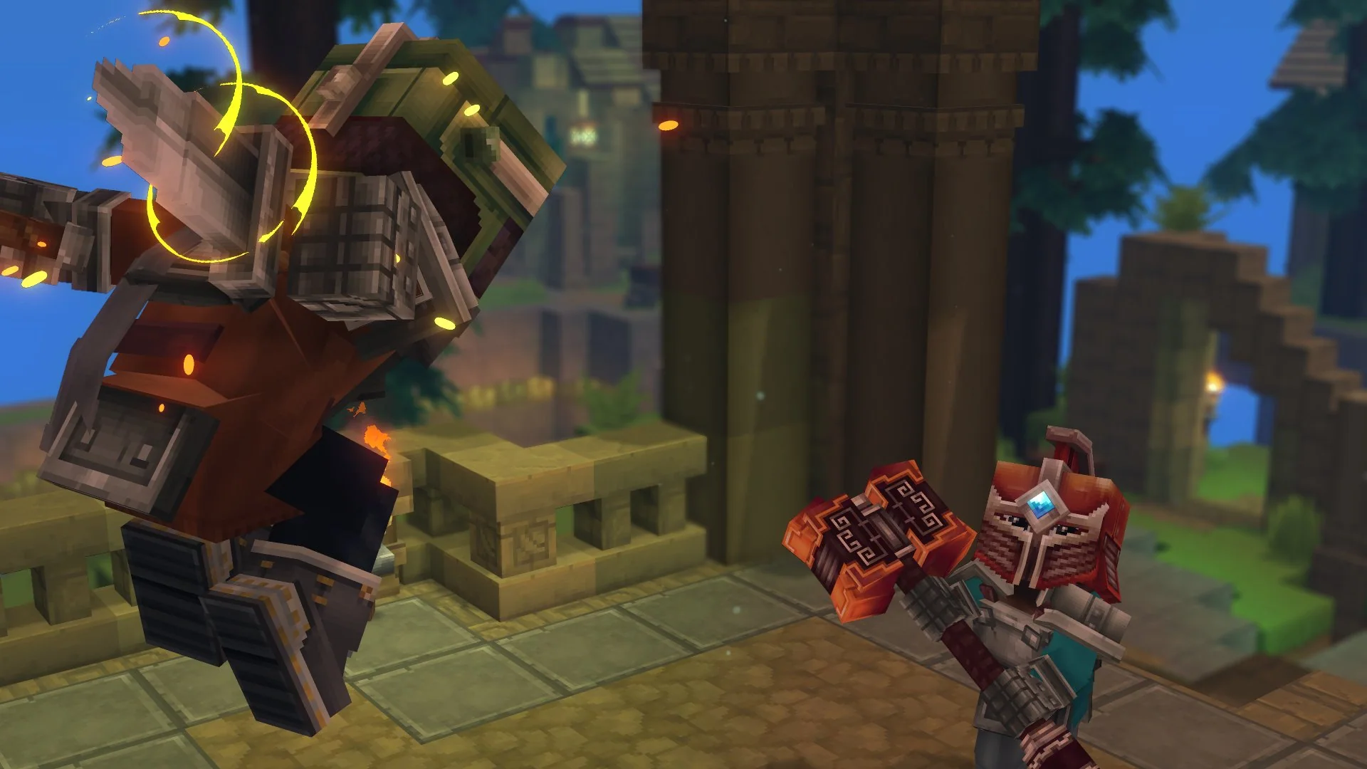 Dois jogadores duelando com armas em uma construcao medieval